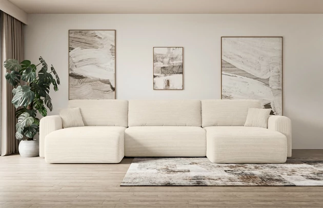 Bezug: Cord, Farbe: Beige - Poso 105, Stellvariante: U-Form, Stoffbeschreibung: POSO ist ein angenehm anzufühlender Velours mit Kordstruktur (35000 MartindaleZyklen) und leicht zu reinigender Möbellstoff, lichtecht (5) und pillingarm (5), Gewicht 380 g/m2 ±5%, Materialzusammensetzung: 90% Polyseter, 10% Nylon, Pilling Resistenz: 5, Abriebfestigkeit: 5, Scheuerbeständigkeit: 30000 Martindale-Zyklen, Zimmer: Wohnzimmer, Tiefe: 145 cm, Breite: 362 cm, Höhe: 83 cm, Schlaffunktion: Mit Schlaffunktion, Länge der Schlaffläche: 321 cm, Breite der Schlaffläche: 125-cm, Liegehöhe: 40 cm, Anzahl der Sitzflächen: 4, Sitzfüllung: Wellenfeder + T30-Schaumstoff, Anzahl der Rückenkissen: 3, Art der Rückenkissen: Abnehmabr, Annzahl der Sitzkissen: 3, Anzahl der Zierkissen: 2, Material der Füße: Kunststoff, Höhe der Füße: 3,5 cm, Farbe der Füße: Schwarz, Tiefe der Armlehnen: 90 cm, Breite der Armlehnen: 22 cm, Breite der Ottomane: 93 cm, Tiefe der Ottomane: 106 cm, Tiefe der Sitzfläche: 50 cm, Sitzhöhe: 40 cm, Art des Stauraumes: Innenfach geschlossen - 1