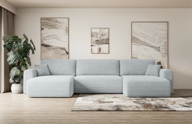 Bezug: Cord, Farbe: Grau - Poso 110, Stellvariante: U-Form, Stoffbeschreibung: POSO ist ein angenehm anzufühlender Velours mit Kordstruktur (35000 MartindaleZyklen) und leicht zu reinigender Möbellstoff, lichtecht (5) und pillingarm (5), Gewicht 380 g/m2 ±5%, Materialzusammensetzung: 90% Polyseter, 10% Nylon, Pilling Resistenz: 5, Abriebfestigkeit: 5, Scheuerbeständigkeit: 30000 Martindale-Zyklen, Zimmer: Wohnzimmer, Tiefe: 145 cm, Breite: 362 cm, Höhe: 83 cm, Schlaffunktion: Mit Schlaffunktion, Länge der Schlaffläche: 321 cm, Breite der Schlaffläche: 125-cm, Liegehöhe: 40 cm, Anzahl der Sitzflächen: 4, Sitzfüllung: Wellenfeder + T30-Schaumstoff, Anzahl der Rückenkissen: 3, Art der Rückenkissen: Abnehmabr, Annzahl der Sitzkissen: 3, Anzahl der Zierkissen: 2, Material der Füße: Kunststoff, Höhe der Füße: 3,5 cm, Farbe der Füße: Schwarz, Tiefe der Armlehnen: 90 cm, Breite der Armlehnen: 22 cm, Breite der Ottomane: 93 cm, Tiefe der Ottomane: 106 cm, Tiefe der Sitzfläche: 50 cm, Sitzhöhe: 40 cm, Art des Stauraumes: Innenfach geschlossen - 1