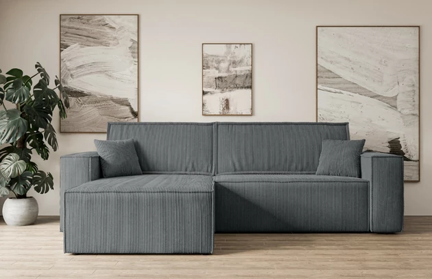 Bezug: Cord, Farbe: Dunkelgrau - Poso 115, Stellvariante: Universall - Links/Rechts angeordnet, Stoffbeschreibung: POSO ist ein angenehm anzufühlender Velours mit Kordstruktur (35000 MartindaleZyklen) und leicht zu reinigender Möbellstoff, lichtecht (5) und pillingarm (5), Gewicht 380 g/m2 ±5%, Materialzusammensetzung: 90% Polyseter, 10% Nylon, Pilling Resistenz: 5, Abriebfestigkeit: 5, Scheuerbeständigkeit: 30000 Martindale-Zyklen, Zimmer: Wohnzimmer, Tiefe: 143 cm, Breite: 277 cm, Höhe: 83 cm, Schlaffunktion: Mit Schlaffunktion, Länge der Schlaffläche: 230 cm, Breite der Schlaffläche: 130-cm, Liegehöhe: 40 cm, Anzahl der Sitzflächen: 3, Sitzfüllung: Wellenfeder + T30-Schaumstoff, Anzahl der Rückenkissen: 2, Art der Rückenkissen: Abnehmabr, Annzahl der Sitzkissen: 2, Anzahl der Zierkissen: 2, Material der Füße: Kunststoff, Höhe der Füße: 3,5 cm, Farbe der Füße: Schwarz, Tiefe der Armlehnen: 88 cm, Breite der Armlehnen: 23 cm, Breite der Ottomane: 100 cm, Tiefe der Ottomane: 107 cm, Tiefe der Sitzfläche: 52 cm, Sitzhöhe: 40 cm, Art des Stauraumes: Innenfach geschlossen - 1