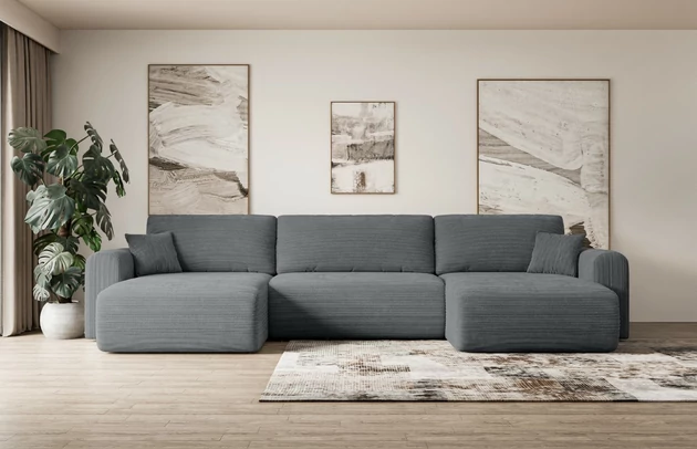 Bezug: Cord, Farbe: Dunkelgrau - Poso 115, Stellvariante: U-Form, Stoffbeschreibung: POSO ist ein angenehm anzufühlender Velours mit Kordstruktur (35000 MartindaleZyklen) und leicht zu reinigender Möbellstoff, lichtecht (5) und pillingarm (5), Gewicht 380 g/m2 ±5%, Materialzusammensetzung: 90% Polyseter, 10% Nylon, Pilling Resistenz: 5, Abriebfestigkeit: 5, Scheuerbeständigkeit: 30000 Martindale-Zyklen, Zimmer: Wohnzimmer, Tiefe: 145 cm, Breite: 362 cm, Höhe: 83 cm, Schlaffunktion: Mit Schlaffunktion, Länge der Schlaffläche: 321 cm, Breite der Schlaffläche: 125-cm, Liegehöhe: 40 cm, Anzahl der Sitzflächen: 4, Sitzfüllung: Wellenfeder + T30-Schaumstoff, Anzahl der Rückenkissen: 3, Art der Rückenkissen: Abnehmabr, Annzahl der Sitzkissen: 3, Anzahl der Zierkissen: 2, Material der Füße: Kunststoff, Höhe der Füße: 3,5 cm, Farbe der Füße: Schwarz, Tiefe der Armlehnen: 90 cm, Breite der Armlehnen: 22 cm, Breite der Ottomane: 93 cm, Tiefe der Ottomane: 106 cm, Tiefe der Sitzfläche: 50 cm, Sitzhöhe: 40 cm, Art des Stauraumes: Innenfach geschlossen - 1