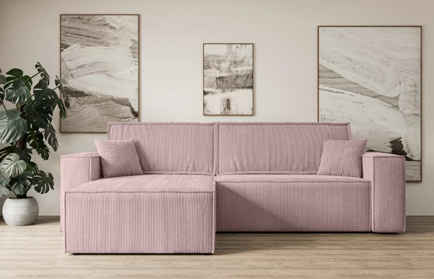 Bezug: Cord, Farbe: Rosa - Poso 145, Stellvariante: Universall - Links/Rechts angeordnet, Stoffbeschreibung: POSO ist ein angenehm anzufühlender Velours mit Kordstruktur (35000 MartindaleZyklen) und leicht zu reinigender Möbellstoff, lichtecht (5) und pillingarm (5), Gewicht 380 g/m2 ±5%, Materialzusammensetzung: 90% Polyseter, 10% Nylon, Pilling Resistenz: 5, Abriebfestigkeit: 5, Scheuerbeständigkeit: 30000 Martindale-Zyklen, Zimmer: Wohnzimmer, Tiefe: 143 cm, Breite: 277 cm, Höhe: 83 cm, Schlaffunktion: Mit Schlaffunktion, Länge der Schlaffläche: 230 cm, Breite der Schlaffläche: 130 cm, Liegehöhe: 40 cm, Anzahl der Sitzflächen: 3, Anzahl der Rückenkissen: 2, Art der Rückenkissen: Abnehmabr, Annzahl der Sitzkissen: 2, Anzahl der Zierkissen: 2, Material der Füße: Kunststoff, Höhe der Füße: 3,5 cm, Farbe der Füße: Schwarz, Tiefe der Armlehnen: 88 cm, Breite der Armlehnen: 23 cm, Breite der Ottomane: 100 cm, Tiefe der Ottomane: 107 cm, Tiefe der Sitzfläche: 52 cm, Sitzhöhe: 40 cm, Art des Stauraumes: Innenfach geschlossen - 1