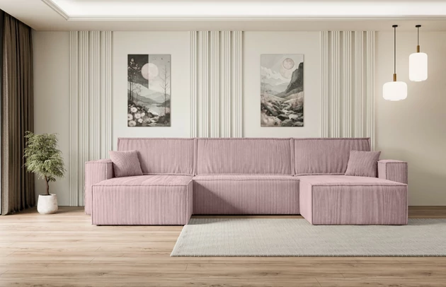 Bezug: Cord, Farbe: Rosa - Poso 145, Stellvariante: U-Form, Stoffbeschreibung: POSO ist ein angenehm anzufühlender Velours mit Kordstruktur (35000 MartindaleZyklen) und leicht zu reinigender Möbellstoff, lichtecht (5) und pillingarm (5), Gewicht 380 g/m2 ±5%, Materialzusammensetzung: 90% Polyseter, 10% Nylon, Pilling Resistenz: 5, Abriebfestigkeit: 5, Scheuerbeständigkeit: 30000 Martindale-Zyklen, Zimmer: Wohnzimmer, Tiefe: 143 cm, Breite: 377 cm, Höhe: 83 cm, Schlaffunktion: Mit Schlaffunktion, Länge der Schlaffläche: 330 cm, Breite der Schlaffläche: 130 cm, Liegehöhe: 40 cm, Anzahl der Sitzflächen: 4, Anzahl der Rückenkissen: 3, Art der Rückenkissen: Abnehmabr, Annzahl der Sitzkissen: 3, Anzahl der Zierkissen: 2, Material der Füße: Kunststoff, Höhe der Füße: 3,5 cm, Farbe der Füße: Schwarz, Tiefe der Armlehnen: 88 cm, Breite der Armlehnen: 23 cm, Breite der Ottomane: 100 cm, Tiefe der Ottomane: 107 cm, Tiefe der Sitzfläche: 52 cm, Sitzhöhe: 40 cm, Art des Stauraumes: Innenfach geschlossen - 1