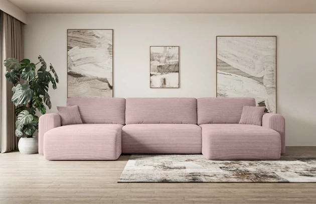 Bezug: Cord, Farbe: Rosa - Poso 145, Stellvariante: U-Form, Stoffbeschreibung: POSO ist ein angenehm anzufühlender Velours mit Kordstruktur (35000 MartindaleZyklen) und leicht zu reinigender Möbellstoff, lichtecht (5) und pillingarm (5), Gewicht 380 g/m2 ±5%, Materialzusammensetzung: 90% Polyseter, 10% Nylon, Pilling Resistenz: 5, Abriebfestigkeit: 5, Scheuerbeständigkeit: 30000 Martindale-Zyklen, Zimmer: Wohnzimmer, Tiefe: 145 cm, Breite: 362 cm, Höhe: 83 cm, Schlaffunktion: Mit Schlaffunktion, Länge der Schlaffläche: 321 cm, Breite der Schlaffläche: 125 cm, Liegehöhe: 40 cm, Anzahl der Sitzflächen: 4, Anzahl der Rückenkissen: 3, Art der Rückenkissen: Abnehmabr, Annzahl der Sitzkissen: 3, Anzahl der Zierkissen: 2, Material der Füße: Kunststoff, Höhe der Füße: 3,5 cm, Farbe der Füße: Schwarz, Tiefe der Armlehnen: 90 cm, Breite der Armlehnen: 22 cm, Breite der Ottomane: 93 cm, Tiefe der Ottomane: 106 cm, Tiefe der Sitzfläche: 50 cm, Sitzhöhe: 40 cm, Art des Stauraumes: Innenfach geschlossen - 1