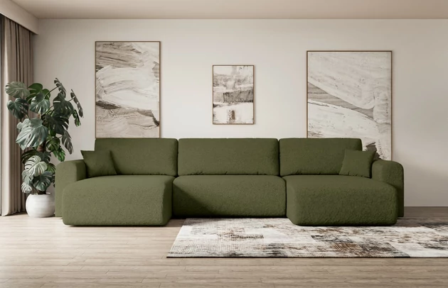 Bezug: Bouclé, Farbe: Grün - Quelle 38, Stellvariante: U-Form, Stoffbeschreibung: polsterstoff-quelle-hochwertiger-boucle-stoff-strapazierfahig-atmungsaktiv-und-pflegeleicht-80-000-martindale-zyklen-100-pes-pillingarm4-5-gewicht-315-g-m2-±5, Materialzusammensetzung: 100% Polyester, Pilling Resistenz: 5, Abriebfestigkeit: 5, Scheuerbeständigkeit: 80000 Martindale-Zyklen, Zimmer: Wohnzimmer, Tiefe: 145 cm, Breite: 362 cm, Höhe: 83 cm, Schlaffunktion: Mit Schlaffunktion, Länge der Schlaffläche: 321 cm, Breite der Schlaffläche: 125-cm, Liegehöhe: 40 cm, Anzahl der Sitzflächen: 4, Sitzfüllung: Wellenfeder + T30-Schaumstoff, Anzahl der Rückenkissen: 3, Art der Rückenkissen: Abnehmabr, Annzahl der Sitzkissen: 3, Anzahl der Zierkissen: 2, Material der Füße: Kunststoff, Höhe der Füße: 3,5 cm, Farbe der Füße: Schwarz, Tiefe der Armlehnen: 90 cm, Breite der Armlehnen: 22 cm, Breite der Ottomane: 93 cm, Tiefe der Ottomane: 106 cm, Tiefe der Sitzfläche: 50 cm, Sitzhöhe: 40 cm, Art des Stauraumes: Innenfach geschlossen - 1