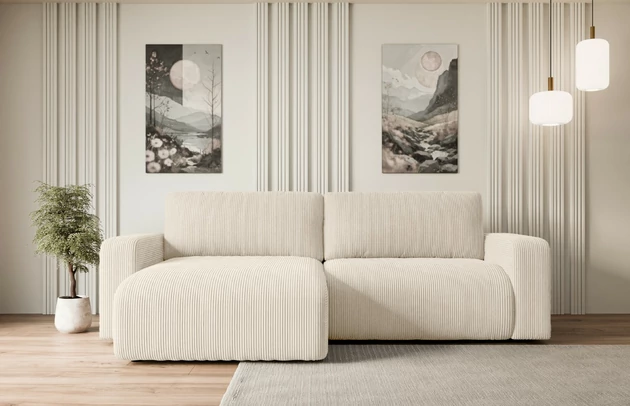 Bezug: Cord, Farbe: Beige - Poso 105, Stellvariante: Universall - Links/Rechts angeordnet, Stoffbeschreibung: POSO ist ein angenehm anzufühlender Velours mit Kordstruktur (35000 MartindaleZyklen) und leicht zu reinigender Möbellstoff, lichtecht (5) und pillingarm (5), Gewicht 380 g/m2 ±5%, Materialzusammensetzung: 90% Polyseter, 10% Nylon, Pilling Resistenz: 5, Abriebfestigkeit: 5, Scheuerbeständigkeit: 30000 Martindale-Zyklen, Zimmer: Wohnzimmer, Tiefe: 143 cm, Breite: 247 cm, Höhe: 83 cm, Schlaffunktion: Mit Schlaffunktion, Länge der Schlaffläche: 205 cm, Breite der Schlaffläche: 123-cm, Liegehöhe: 40 cm, Anzahl der Sitzflächen: 3, Sitzfüllung: Wellenfeder + T30-Schaumstoff, Anzahl der Rückenkissen: 2, Art der Rückenkissen: Abnehmabr, Annzahl der Sitzkissen: 2, Material der Füße: Kunststoff, Höhe der Füße: 3,5 cm, Farbe der Füße: Schwarz, Tiefe der Armlehnen: 88 cm, Breite der Armlehnen: 23 cm, Breite der Ottomane: 100 cm, Tiefe der Ottomane: 107 cm, Tiefe der Sitzfläche: 52 cm, Sitzhöhe: 40 cm, Art des Stauraumes: Innenfach geschlossen - 1