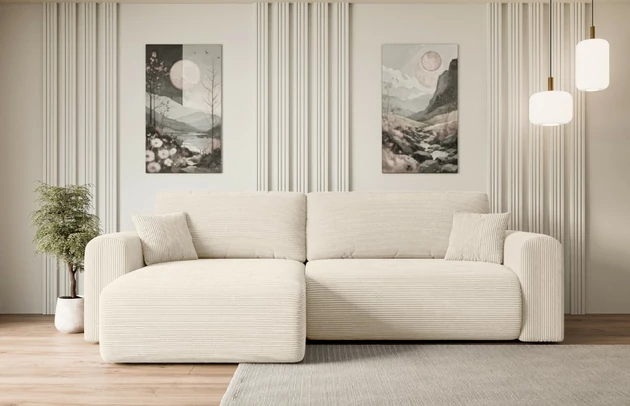 Bezug: Cord, Farbe: Beige - Poso 105, Stellvariante: Universall - Links/Rechts angeordnet, Stoffbeschreibung: POSO ist ein angenehm anzufühlender Velours mit Kordstruktur (35000 MartindaleZyklen) und leicht zu reinigender Möbellstoff, lichtecht (5) und pillingarm (5), Gewicht 380 g/m2 ±5%, Materialzusammensetzung: 90% Polyseter, 10% Nylon, Pilling Resistenz: 5, Abriebfestigkeit: 5, Scheuerbeständigkeit: 30000 Martindale-Zyklen, Zimmer: Wohnzimmer, Tiefe: 145 cm, Breite: 272 cm, Höhe: 83 cm, Schlaffunktion: Mit Schlaffunktion, Länge der Schlaffläche: 204 cm, Breite der Schlaffläche: 120 cm, Liegehöhe: 40 cm, Anzahl der Sitzflächen: 3, Sitzfüllung: Wellenfeder + T30-Schaumstoff, Anzahl der Rückenkissen: 2, Art der Rückenkissen: Abnehmabr, Annzahl der Sitzkissen: 2, Anzahl der Zierkissen: 2, Material der Füße: Kunststoff, Höhe der Füße: 3,5 cm, Farbe der Füße: Schwarz, Tiefe der Armlehnen: 90 cm, Breite der Armlehnen: 22 cm, Breite der Ottomane: 93 cm, Tiefe der Ottomane: 106 cm, Tiefe der Sitzfläche: 50 cm, Sitzhöhe: 40 cm, Art des Stauraumes: Innenfach geschlossen - 1