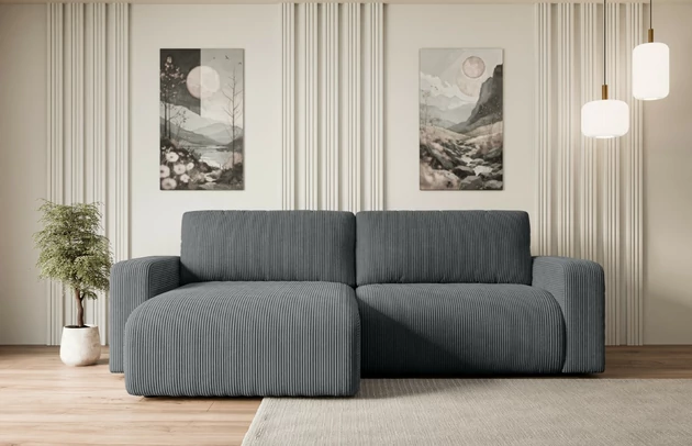 Bezug: Cord, Farbe: Dunkelgrau - Poso 115, Stellvariante: Universall - Links/Rechts angeordnet, Stoffbeschreibung: POSO ist ein angenehm anzufühlender Velours mit Kordstruktur (35000 MartindaleZyklen) und leicht zu reinigender Möbellstoff, lichtecht (5) und pillingarm (5), Gewicht 380 g/m2 ±5%, Materialzusammensetzung: 90% Polyseter, 10% Nylon, Pilling Resistenz: 5, Abriebfestigkeit: 5, Scheuerbeständigkeit: 30000 Martindale-Zyklen, Zimmer: Wohnzimmer, Tiefe: 143 cm, Breite: 247 cm, Höhe: 83 cm, Schlaffunktion: Mit Schlaffunktion, Länge der Schlaffläche: 205 cm, Breite der Schlaffläche: 123-cm, Liegehöhe: 40 cm, Anzahl der Sitzflächen: 3, Sitzfüllung: Wellenfeder + T30-Schaumstoff, Anzahl der Rückenkissen: 2, Art der Rückenkissen: Abnehmabr, Annzahl der Sitzkissen: 2, Material der Füße: Kunststoff, Höhe der Füße: 3,5 cm, Farbe der Füße: Schwarz, Tiefe der Armlehnen: 88 cm, Breite der Armlehnen: 23 cm, Breite der Ottomane: 100 cm, Tiefe der Ottomane: 107 cm, Tiefe der Sitzfläche: 52 cm, Sitzhöhe: 40 cm, Art des Stauraumes: Innenfach geschlossen - 1