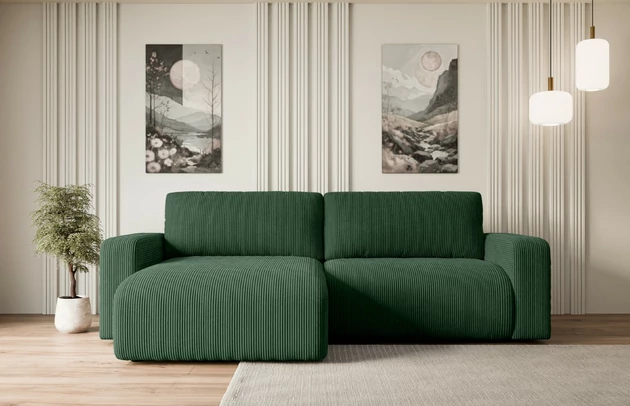 Bezug: Cord, Farbe: Grün - Poso 14, Stellvariante: Universall - Links/Rechts angeordnet, Stoffbeschreibung: POSO ist ein angenehm anzufühlender Velours mit Kordstruktur (35000 MartindaleZyklen) und leicht zu reinigender Möbellstoff, lichtecht (5) und pillingarm (5), Gewicht 380 g/m2 ±5%, Materialzusammensetzung: 90% Polyseter, 10% Nylon, Pilling Resistenz: 5, Abriebfestigkeit: 5, Scheuerbeständigkeit: 30000 Martindale-Zyklen, Zimmer: Wohnzimmer, Tiefe: 143 cm, Breite: 247 cm, Höhe: 83 cm, Schlaffunktion: Mit Schlaffunktion, Länge der Schlaffläche: 205 cm, Breite der Schlaffläche: 123-cm, Liegehöhe: 40 cm, Anzahl der Sitzflächen: 3, Sitzfüllung: Wellenfeder + T30-Schaumstoff, Anzahl der Rückenkissen: 2, Art der Rückenkissen: Abnehmabr, Annzahl der Sitzkissen: 2, Material der Füße: Kunststoff, Höhe der Füße: 3,5 cm, Farbe der Füße: Schwarz, Tiefe der Armlehnen: 88 cm, Breite der Armlehnen: 23 cm, Breite der Ottomane: 100 cm, Tiefe der Ottomane: 107 cm, Tiefe der Sitzfläche: 52 cm, Sitzhöhe: 40 cm, Art des Stauraumes: Innenfach geschlossen - 1