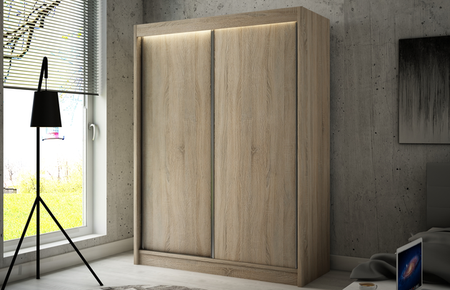 Höhe: 215 cm, Fachinnenmaß - Höhe: 32 cm, Abmeßung: 120-cm-x-61-cm-x-215-cm, Front-Typ: Holz, Anzahl der Türen: 2, Art der Griffe: Griffleiste, Tiefe: 61 cm, Farbe: Eiche Sonoma, Fachinnenmaß - Tiefe: 47 cm, Art der Türen: Schwebetüren, Anzahl der Fächer: 6, Zimmer: Schlafzimmer, Fachinnenmaß - Breite: 40 cm, Anzahl der Kleiderstangen: 1, Fachinnenmaß 2 - Höhe: 58 cm, Breite: 120 cm, Fachinnenmaß 2 - Breite: 45 cm, Länge der Kleiderstange 1: 70 cm, Material der Rückwand: MDF, Art des Leuchtmittels: Mit LED, Länge der Kleiderstangen: 70 cm, Breite des Fachinnenmaßes: 58 cm, Breite des Fachinnenmaßes 2: 45 cm, Größe: 120 cm x 61 cm x 215 cm - 1
