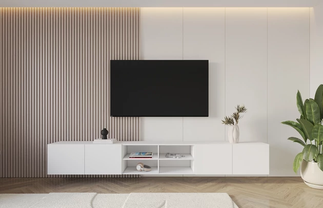 Material: Holzwerkstoff, Material der Rückwand: MDF, Ausführung: Hängend, Größe: 3 x 100 cm, Farbe: Weiß, Zimmer: Wohnzimmer, Anzahl der Türen: 4, Front-Typ: Glatt, Art der Griffe: Griffleiste, Art der Türen: Klapptür, Breite: 300 cm, Tiefe: 40 cm, Höhe: 40 cm, Geschlossene Fächer: 8, Offene Fächer: 4, Anzahl der Teile: 3 - 1