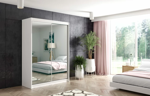 Farbe: Weiß, Größe: 160 cm x 61 cm x 216 cm, Art der Griffe: Griffleiste, Höhe: 216 cm, Anzahl der Fächer: 5, Anzahl der Kleiderstangen: 1, Anzahl der Spiegel: 2, Anzahl der Türen: 2, Zimmer: Schlafzimmer, Art des Leuchtmittels: Mit LED, Art der Türen: Schwebetüren, Front-Typ: Spiegelglass, Breite: 160 cm, Tiefe: 61 cm, Material der Rückwand: MDF, Länge der Kleiderstange 1: 78 cm, Fachinnenmaß - Höhe: 34 cm, Fachinnenmaß 2 - Höhe: 41 cm, Fachinnenmaß - Breite: 157 cm, Fachinnenmaß 2 - Breite: 78 cm, Fachinnenmaß - Tiefe: 47 cm, Länge der Kleiderstangen: 78 cm, Breite des Fachinnenmaßes: 41 cm, Breite des Fachinnenmaßes 2: 78 cm, Material: Holzwerkstoff - 1