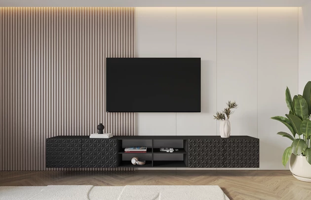 Material: Holzwerkstoff, Material der Rückwand: MDF, Ausführung: Hängend, Größe: 3 x 100 cm, Farbe: Schwarz, Zimmer: Wohnzimmer, Anzahl der Türen: 4, Front-Typ: Gefräste, Art der Griffe: Griffleiste, Art der Türen: Klapptür, Breite: 300 cm, Tiefe: 40 cm, Höhe: 40 cm, Geschlossene Fächer: 8, Offene Fächer: 4, Anzahl der Teile: 3 - 1