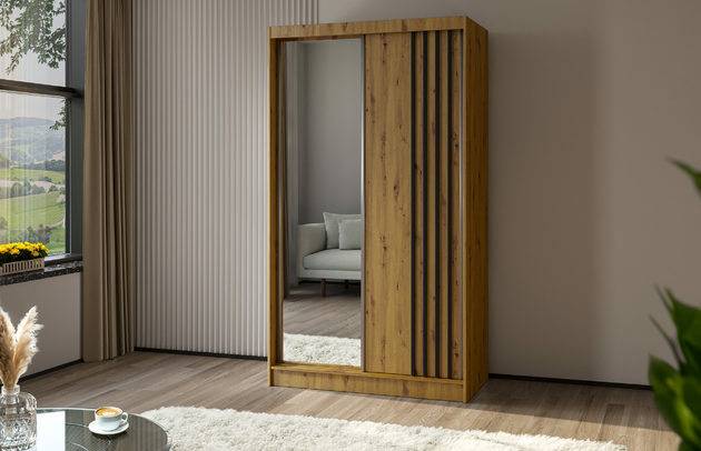 Art der Griffe: Griffleiste, Höhe: 216 cm, Abmeßung: 120 cm x 61 cm x 216 cm, Anzahl der Schubladen: Ohne Schubladen, Anzahl der Fächer: 7, Anzahl der Kleiderstangen: 1, Schubladeninnenmaß - Tiefe: Nicht zutreffend, Anzahl der Spiegel: 1, Anzahl der Türen: 2, Zimmer: Schlafzimmer, Art des Leuchtmittels: Mit LED, Farbe: Artisan + Artisan + Schwarz, Art der Türen: Schwebetüren, Front-Typ: Lamellen, Breite: 120 cm, Schubladeninnenmaß - Höhe: Nicht zutreffend, Tiefe: 61 cm, Material der Rückwand: MDF, Länge der Kleiderstange 1: 58 cm, Länge der Kleiderstange 2: Nicht zutreffend, Fachinnenmaß - Höhe: 34 cm, Fachinnenmaß 2 - Höhe: 41 cm, Fachinnenmaß - Breite: 63 cm, Fachinnenmaß 2 - Breite: 58 cm, Fachinnenmaß - Tiefe: 47 cm, Länge der Kleiderstangen: 58 cm, Breite des Fachinnenmaßes: 41 cm, Breite des Fachinnenmaßes 2: 58 cm, Material: Holzwerkstoff, Größe: 120 cm x 61 cm x 216 cm - 1