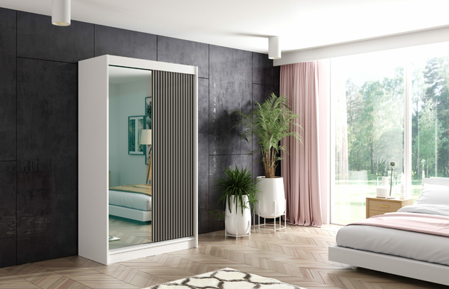 Fachinnenmaß - Höhe: 32 cm, Fachinnenmaß 2 - Höhe: 58 cm, Front-Typ: Lamellen, Farbe: Weiß + Lamelle schwarz, Art der Türen: Schwebetüren, Zimmer: Schlafzimmer, Anzahl der Spiegel: 1, Anzahl der Türen: 2, Fachinnenmaß - Tiefe: 47 cm, Anzahl der Fächer: 6, Höhe: 215 cm, Breite: 120 cm, Anzahl der Kleiderstangen: 1, Art der Griffe: Griffleiste, Fachinnenmaß - Breite: 40 cm, Fachinnenmaß 2 - Breite: 45 cm, Länge der Kleiderstange 2: Nicht zutreffend, Länge der Kleiderstange 1: 70 cm, Material der Rückwand: MDF, Tiefe: 61 cm, Art des Leuchtmittels: Mit LED, Länge der Kleiderstangen: 70 cm, Breite des Fachinnenmaßes: 58 cm, Breite des Fachinnenmaßes 2: 45 cm, Größe: 120 cm x 61 cm x 215 cm, Material: Holzwerkstoff, Ausstattung: Mit Spiegel, Abmeßung: 120 cm x 61 cm x 215 cm - 1
