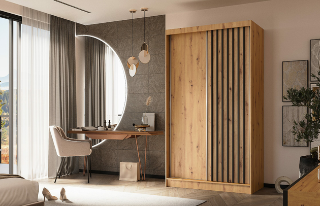 Breite: 120 cm, Tiefe: 61 cm, Abmeßung: 120 cm x 61 cm x 216 cm, Anzahl der Türen: 2, Art der Griffe: Griffleiste, Zimmer: Schlafzimmer, Art des Leuchtmittels: Mit LED, Farbe: Artisan + Artisan + Schwarz, Anzahl der Fächer: 7, Anzahl der Schubladen: Ohne Schubladen, Front-Typ: Lamellen, Höhe: 216 cm, Schubladeninnenmaß - Tiefe: Nicht zutreffend, Art der Türen: Schwebetüren, Anzahl der Kleiderstangen: 1, Schubladeninnenmaß - Höhe: Nicht zutreffend, Material der Rückwand: MDF, Länge der Kleiderstange 1: 58 cm, Länge der Kleiderstange 2: Nicht zutreffend, Fachinnenmaß - Höhe: 34 cm, Fachinnenmaß 2 - Höhe: 41 cm, Fachinnenmaß - Breite: 63 cm, Fachinnenmaß 2 - Breite: 58 cm, Fachinnenmaß - Tiefe: 47 cm, Länge der Kleiderstangen: 58 cm, Breite des Fachinnenmaßes: 41 cm, Breite des Fachinnenmaßes 2: 58 cm, Größe: 120 cm x 61 cm x 216 cm - 1