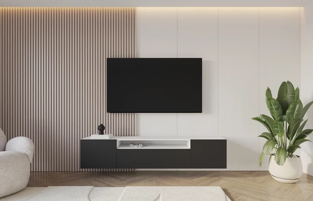 Material: Holzwerkstoff, Material der Rückwand: MDF, Ausführung: Hängend, Größe: 200 cm, Farbe: Weiß und Schwarz, Zimmer: Wohnzimmer, Anzahl der Türen: 3, Front-Typ: Glatt, Art der Griffe: Griffleiste, Art der Türen: Klapptür, Breite: 200 cm, Tiefe: 41 cm, Höhe: 40 cm, Geschlossene Fächer: 3, Offene Fächer: 1, Anzahl der Teile: 1 - 1