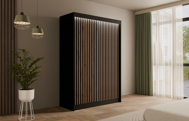 Höhe: 215 cm, Fachinnenmaß - Höhe: 32 cm, Abmeßung: 120-cm-x-61-cm-x-215-cm, Front-Typ: Lamellen, Anzahl der Türen: 2, Art der Griffe: Griffleiste, Tiefe: 61 cm, Farbe: Schwarz + Lamelle Eiche Wotan, Fachinnenmaß - Tiefe: 47 cm, Art der Türen: Schwebetüren, Anzahl der Fächer: 6, Zimmer: Schlafzimmer, Fachinnenmaß - Breite: 40 cm, Anzahl der Kleiderstangen: 1, Fachinnenmaß 2 - Höhe: 58 cm, Breite: 120 cm, Fachinnenmaß 2 - Breite: 45 cm, Länge der Kleiderstange 1: 70 cm, Material der Rückwand: MDF, Art des Leuchtmittels: Mit LED, Länge der Kleiderstangen: 70 cm, Breite des Fachinnenmaßes: 58 cm, Breite des Fachinnenmaßes 2: 45 cm, Größe: 120 cm x 61 cm x 215 cm - 1