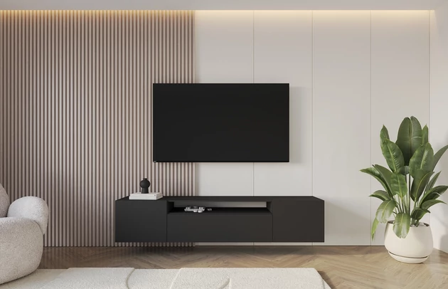 Material: Holzwerkstoff, Material der Rückwand: MDF, Ausführung: Hängend, Größe: 200 cm, Farbe: Schwarz, Zimmer: Wohnzimmer, Anzahl der Türen: 3, Front-Typ: Glatt, Art der Griffe: Griffleiste, Art der Türen: Klapptür, Breite: 200 cm, Tiefe: 41 cm, Höhe: 40 cm, Geschlossene Fächer: 3, Offene Fächer: 1, Anzahl der Teile: 1 - 1