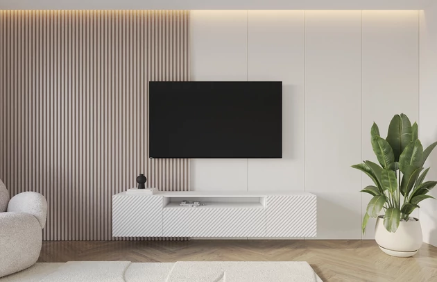 Material: Holzwerkstoff, Material der Rückwand: MDF, Ausführung: Hängend, Größe: 200 cm, Farbe: Weiß, Zimmer: Wohnzimmer, Anzahl der Türen: 3, Front-Typ: Gefräste, Art der Griffe: Griffleiste, Art der Türen: Klapptür, Breite: 200 cm, Tiefe: 41 cm, Höhe: 40 cm, Geschlossene Fächer: 3, Offene Fächer: 1, Anzahl der Teile: 1 - 1