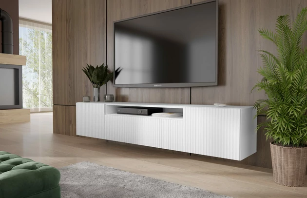 Material: Holzwerkstoff, Material der Rückwand: MDF, Ausführung: Hängend, Größe: 200 cm, Farbe: Weiß, Zimmer: Wohnzimmer, Anzahl der Türen: 3, Front-Typ: Gefräste, Art der Griffe: Griffleiste, Art der Türen: Klapptür, Breite: 200 cm, Tiefe: 41 cm, Höhe: 40 cm, Geschlossene Fächer: 3, Offene Fächer: 1 - 1