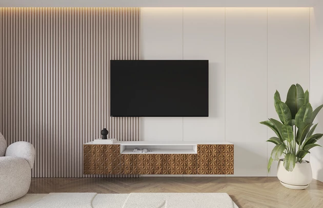 Material: Holzwerkstoff, Material der Rückwand: MDF, Ausführung: Hängend, Größe: 200 cm, Farbe: Weiß und Katania, Zimmer: Wohnzimmer, Anzahl der Türen: 3, Front-Typ: Gefräste, Art der Griffe: Griffleiste, Art der Türen: Klapptür, Breite: 200 cm, Tiefe: 41 cm, Höhe: 40 cm, Geschlossene Fächer: 3, Offene Fächer: 1, Anzahl der Teile: 1 - 1