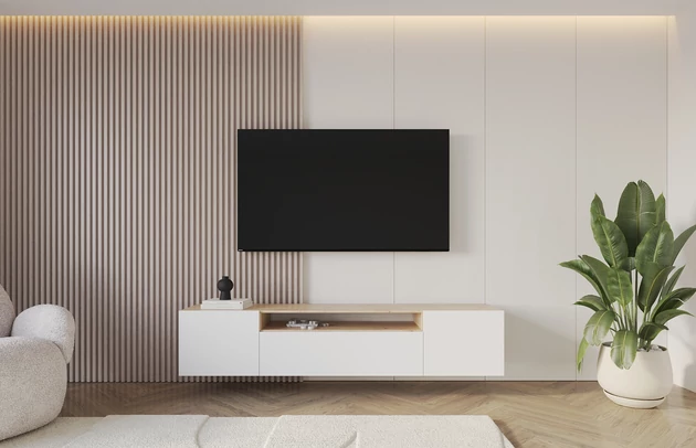 Material: Holzwerkstoff, Material der Rückwand: MDF, Ausführung: Hängend, Größe: 200 cm, Farbe: Artisan und Weiß, Zimmer: Wohnzimmer, Anzahl der Türen: 3, Front-Typ: Glatt, Art der Griffe: Griffleiste, Art der Türen: Klapptür, Breite: 200 cm, Tiefe: 41 cm, Höhe: 40 cm, Geschlossene Fächer: 3, Offene Fächer: 1, Anzahl der Teile: 1 - 1