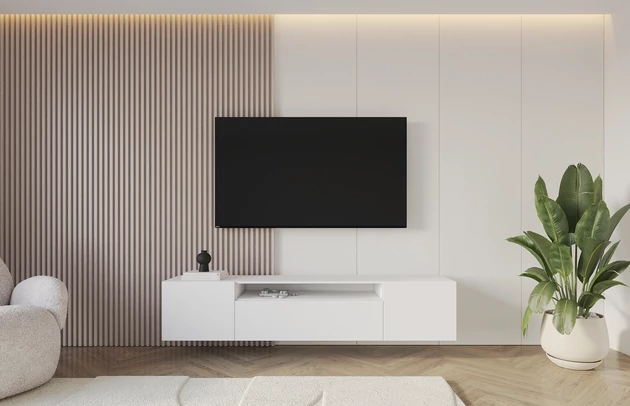 Material: Holzwerkstoff, Material der Rückwand: MDF, Ausführung: Hängend, Größe: 200 cm, Farbe: Weiß, Zimmer: Wohnzimmer, Anzahl der Türen: 3, Front-Typ: Glatt, Art der Griffe: Griffleiste, Art der Türen: Klapptür, Breite: 200 cm, Tiefe: 41 cm, Höhe: 40 cm, Geschlossene Fächer: 3, Offene Fächer: 1, Anzahl der Teile: 1 - 1