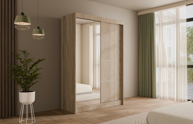 Fachinnenmaß - Höhe: 32 cm, Anzahl der Kleiderstangen: 1, Abmeßung: 120-cm-x-61-cm-x-215-cm, Art der Griffe: Griffleiste, Farbe: Eiche Sonoma, Breite: 120 cm, Fachinnenmaß - Tiefe: 47 cm, Anzahl der Spiegel: 1, Zimmer: Schlafzimmer, Anzahl der Fächer: 6, Front-Typ: Glatt, Anzahl der Türen: 2, Höhe: 215 cm, Fachinnenmaß 2 - Höhe: 58 cm, Tiefe: 61 cm, Art der Türen: Schwebetüren, Fachinnenmaß - Breite: 40 cm, Fachinnenmaß 2 - Breite: 45 cm, Länge der Kleiderstange 1: 70 cm, Material der Rückwand: MDF, Art des Leuchtmittels: Mit LED, Länge der Kleiderstangen: 70 cm, Breite des Fachinnenmaßes: 58 cm, Breite des Fachinnenmaßes 2: 45 cm, Größe: 120 cm x 61 cm x 215 cm - 1