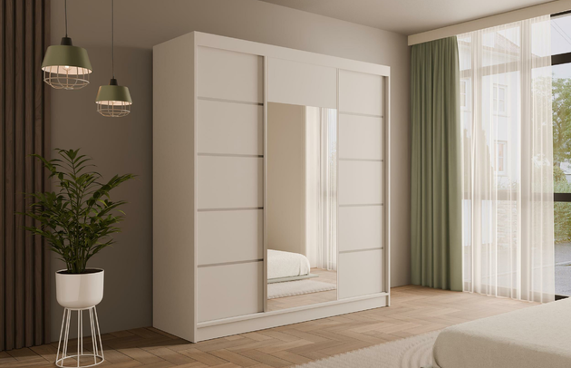 Höhe: 215 cm, Fachinnenmaß - Höhe: 35 cm, Abmeßung: 200-cm-x-61-cm-x-215-cm, Zimmer: Schlafzimmer, Art der Griffe: Griffleiste, Front-Typ: Glatt, Farbe: Weiß, Tiefe: 61 cm, Schubladeninnenmaß - Breite: 55 cm, Anzahl der Türen: 3, Anzahl der Spiegel: 1, Breite: 200 cm, Art der Türen: Schwebetüren, Schubladeninnenmaß - Höhe: 15 cm, Material der Rückwand: MDF, Schubladeninnenmaß - Tiefe: 40 cm, Länge der Kleiderstange 1: 78 cm, Länge der Kleiderstange 2: 78 cm, Anzahl der Fächer: 8, Fachinnenmaß - Breite: 36 cm, Fachinnenmaß 2 - Höhe: 58 cm, Fachinnenmaß 2 - Breite: 58 cm, Fachinnenmaß - Tiefe: 47 cm, Anzahl der Kleiderstangen: 2, Anzahl der Schubladen: 4, Länge der Kleiderstangen: 78 cm, Breite des Fachinnenmaßes: 58 cm, Breite des Fachinnenmaßes 2: 58 cm, Größe: 200 cm x 61 cm x 215 cm - 1
