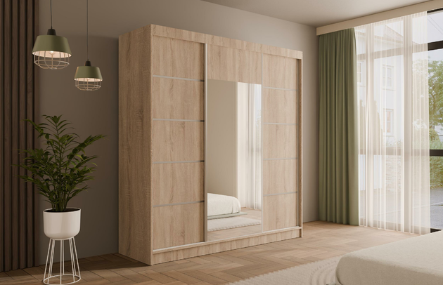 Höhe: 215 cm, Fachinnenmaß - Höhe: 35 cm, Abmeßung: 200-cm-x-61-cm-x-215-cm, Zimmer: Schlafzimmer, Art der Griffe: Griffleiste, Front-Typ: Glatt, Farbe: Eiche Sonoma, Tiefe: 61 cm, Schubladeninnenmaß - Breite: 55 cm, Anzahl der Türen: 3, Anzahl der Spiegel: 1, Breite: 200 cm, Art der Türen: Schwebetüren, Schubladeninnenmaß - Höhe: 15 cm, Material der Rückwand: MDF, Schubladeninnenmaß - Tiefe: 40 cm, Länge der Kleiderstange 1: 78 cm, Länge der Kleiderstange 2: 78 cm, Anzahl der Fächer: 8, Fachinnenmaß - Breite: 36 cm, Fachinnenmaß 2 - Höhe: 58 cm, Fachinnenmaß 2 - Breite: 58 cm, Fachinnenmaß - Tiefe: 47 cm, Anzahl der Kleiderstangen: 2, Anzahl der Schubladen: 4, Länge der Kleiderstangen: 78 cm, Breite des Fachinnenmaßes: 58 cm, Breite des Fachinnenmaßes 2: 58 cm, Größe: 200 cm x 61 cm x 215 cm - 1