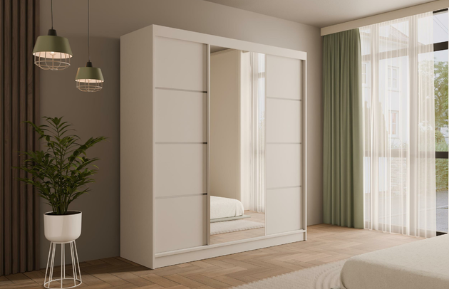 Höhe: 215 cm, Fachinnenmaß - Höhe: 35 cm, Abmeßung: 200-cm-x-61-cm-x-215-cm, Zimmer: Schlafzimmer, Art der Griffe: Griffleiste, Front-Typ: Glatt, Farbe: Weiß, Tiefe: 61 cm, Schubladeninnenmaß - Breite: 55 cm, Anzahl der Türen: 3, Anzahl der Spiegel: 1, Breite: 200 cm, Art der Türen: Schwebetüren, Schubladeninnenmaß - Höhe: 15 cm, Material der Rückwand: MDF, Schubladeninnenmaß - Tiefe: 40 cm, Länge der Kleiderstange 1: 78 cm, Länge der Kleiderstange 2: 78 cm, Anzahl der Fächer: 8, Fachinnenmaß - Breite: 36 cm, Fachinnenmaß 2 - Höhe: 58 cm, Fachinnenmaß 2 - Breite: 58 cm, Fachinnenmaß - Tiefe: 47 cm, Anzahl der Kleiderstangen: 2, Anzahl der Schubladen: 4, Länge der Kleiderstangen: 78 cm, Breite des Fachinnenmaßes: 58 cm, Breite des Fachinnenmaßes 2: 58 cm, Größe: 200 cm x 61 cm x 215 cm - 1