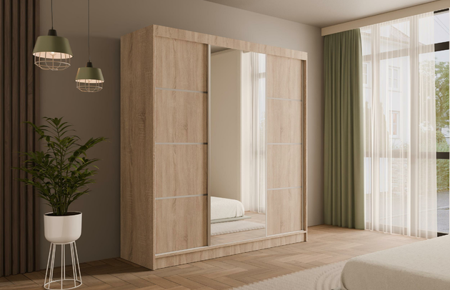 Höhe: 215 cm, Fachinnenmaß - Höhe: 35 cm, Abmeßung: 200-cm-x-61-cm-x-215-cm, Zimmer: Schlafzimmer, Art der Griffe: Griffleiste, Front-Typ: Glatt, Farbe: Eiche Sonoma, Tiefe: 61 cm, Schubladeninnenmaß - Breite: 55 cm, Anzahl der Türen: 3, Anzahl der Spiegel: 1, Breite: 200 cm, Art der Türen: Schwebetüren, Schubladeninnenmaß - Höhe: 15 cm, Material der Rückwand: MDF, Schubladeninnenmaß - Tiefe: 40 cm, Länge der Kleiderstange 1: 78 cm, Länge der Kleiderstange 2: 78 cm, Anzahl der Fächer: 8, Fachinnenmaß - Breite: 36 cm, Fachinnenmaß 2 - Höhe: 58 cm, Fachinnenmaß 2 - Breite: 58 cm, Fachinnenmaß - Tiefe: 47 cm, Anzahl der Kleiderstangen: 2, Anzahl der Schubladen: 4, Länge der Kleiderstangen: 78 cm, Breite des Fachinnenmaßes: 58 cm, Breite des Fachinnenmaßes 2: 58 cm, Größe: 200 cm x 61 cm x 215 cm - 1