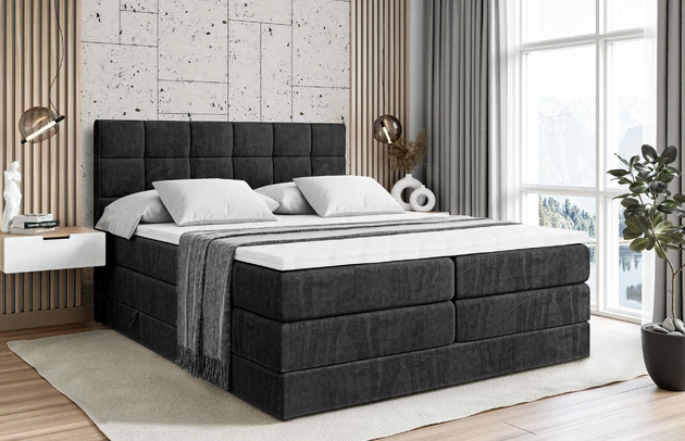 Material: Holz, Höhe: 110 cm, Höhe des Kopfteils: 110 cm, Bezug: Samt, Farbe: Schwarz - Casablanca 2316, Zimmer: Schlafzimmer, Länge: 207 cm, Breite: 120 cm, Größe: 120x200 cm, Länge der Schlaffläche: 200 cm, Liegehöhe: 55 cm, Härtegrad der Matratze: H3, Höhe der Matratze: 38 cm, Matratze: Multipocketfederung und Bonellfederung, Farbe des Toppers: Weiß, Höhe des Toppers: 5 cm, Material des Toppers: Schaumstoff, Bettkasten: Ja, Anzahl der Bettkasten: 2, Höhe des Bettkastens: 30 cm, Material der Füße: Plastik, Höhe der Füße: 2 cm, Dicke des Kopfteils: 8 cm, Dicke des Fußteils: 7 cm, Gepolsterte Rückseite: Nein - 1