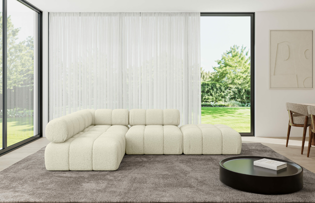 Bezug: Bouclé, Farbe: Beige - Quelle 02, Stellvariante: Ottomane Links, Stoffbeschreibung: Polsterstoff Quelle: hochwertiger Bouclé Stoff, strapazierfähig, atmungsaktiv und pflegeleicht. (80.000 Martindale-Zyklen) 100 % PES, pillingarm(4-5), Gewicht 315 g/m² ±5 %, Materialzusammensetzung: 100% Polyseter, Pilling Resistenz: 5, Abriebfestigkeit: 5, Scheuerbeständigkeit: 80000 Martindale-Zyklen, Zimmer: Wohnzimmer, Tiefe: 190 cm, Breite: 285 cm, Höhe: 70 cm, Anzahl der Sitzflächen: 5, Sitzfüllung: Wellenfeder, Art der Rückenkissen: Rückenlehne - feste, Annzahl der Sitzkissen: 3, Breite der Ottomane: 95 cm, Tiefe der Ottomane: 190 cm, Tiefe der Sitzfläche: 65 cm, Sitzhöhe: 40 cm, Schlaffunktion: Ohne Schlaffunktion - 1