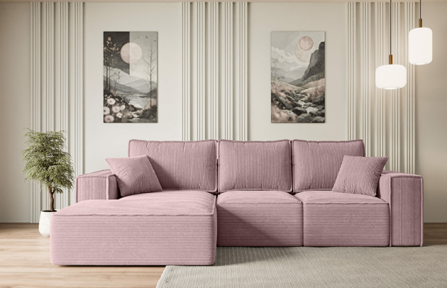 Bezug: Cord, Farbe: Rosa - Poso 145, Stellvariante: Ottomane Links, Stoffbeschreibung: POSO ist ein angenehm anzufühlender Velours mit Kordstruktur (35000 MartindaleZyklen) und leicht zu reinigender Möbellstoff, lichtecht (5) und pillingarm (5), Gewicht 380 g/m2 ±5%, Materialzusammensetzung: 90% Polyseter, 10% Nylon, Pilling Resistenz: 5, Abriebfestigkeit: 5, Scheuerbeständigkeit: 30000 Martindale-Zyklen, Ausstattung: Kissen, Zimmer: Wohnzimmer, Tiefe: 161 cm, Breite: 266 cm, Höhe: 87 cm, Schlaffunktion: Mit Schlaffunktion, Länge der Schlaffläche: 215 cm, Breite der Schlaffläche: 120 cm, Liegehöhe: 41 cm, Anzahl der Sitzflächen: 3, Sitzfüllung: Wellenfeder + HR35 und T30-Schaum, Anzahl der Rückenkissen: 3, Art der Rückenkissen: Rückenkissen, Annzahl der Sitzkissen: 3, Anzahl der Zierkissen: 2, Tiefe der Armlehnen: 85 cm, Breite der Armlehnen: 25 cm, Höhe der Armlehnen: 57 cm, Breite der Ottomane: 109 cm, Tiefe der Ottomane: 144 cm, Tiefe der Sitzfläche: 46 cm, Sitzhöhe: 41 cm, Art des Stauraumes: Innenfach geschlossen - 1