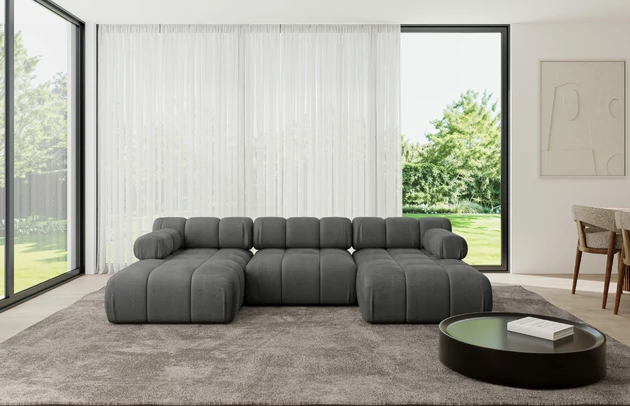 Bezug: Samt, Farbe: Dunkelgrau - Monolith 92, Stellvariante: U-Form, Stoffbeschreibung: MONOLITH: Wasserabweisender und leicht zu reinigender Möbelstoff, scheuerfest (100.000 Martindale-Zyklen) lichtecht (5) und pillingarm (4-5), aus 100 % PES, Gewicht 330 g/m2 ±5 %, Materialzusammensetzung: 100% Polyseter, Pilling Resistenz: 4, Abriebfestigkeit: 5, Scheuerbeständigkeit: 100000 Martindale-Zyklen, Zimmer: Wohnzimmer, Tiefe: 160 cm, Breite: 285 cm, Höhe: 70 cm, Anzahl der Sitzflächen: 6, Sitzfüllung: Wellenfeder und T30-Schaum, Art der Rückenkissen: Rückenlehne - feste, Annzahl der Sitzkissen: 3, Breite der Ottomane: 95 cm, Tiefe der Ottomane: 160 cm, Tiefe der Sitzfläche: 65 cm, Sitzhöhe: 40 cm, Schlaffunktion: Ohne Schlaffunktion - 1