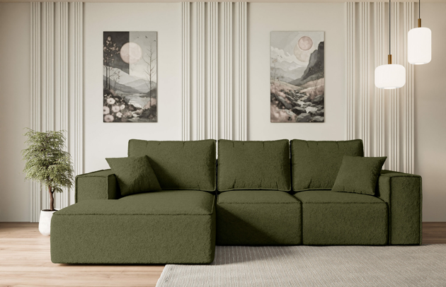 Bezug: Bouclé, Farbe: Grün - Quelle 38, Stellvariante: Ottomane Links, Stoffbeschreibung: polsterstoff-quelle-hochwertiger-boucle-stoff-strapazierfahig-atmungsaktiv-und-pflegeleicht-80-000-martindale-zyklen-100-pes-pillingarm4-5-gewicht-315-g-m2-±5, Materialzusammensetzung: 100% Polyseter, Pilling Resistenz: 5, Abriebfestigkeit: 5, Scheuerbeständigkeit: 80000 Martindale-Zyklen, Ausstattung: Kissen, Zimmer: Wohnzimmer, Tiefe: 161 cm, Breite: 266 cm, Höhe: 87 cm, Schlaffunktion: Mit Schlaffunktion, Länge der Schlaffläche: 215 cm, Breite der Schlaffläche: 120 cm, Liegehöhe: 41 cm, Anzahl der Sitzflächen: 3, Sitzfüllung: Wellenfeder + HR35 und T30-Schaum, Anzahl der Rückenkissen: 3, Art der Rückenkissen: Rückenkissen, Annzahl der Sitzkissen: 3, Anzahl der Zierkissen: 2, Tiefe der Armlehnen: 85 cm, Breite der Armlehnen: 25 cm, Höhe der Armlehnen: 57 cm, Breite der Ottomane: 109 cm, Tiefe der Ottomane: 144 cm, Tiefe der Sitzfläche: 46 cm, Sitzhöhe: 41 cm, Art des Stauraumes: Innenfach geschlossen - 1