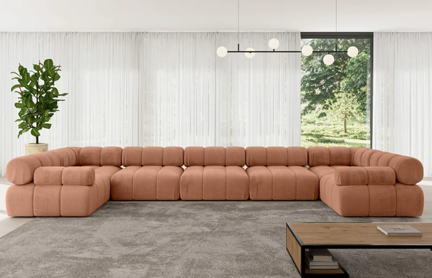 Bezug: Samt, Farbe: Apricot - Monolith 61, Stellvariante: U-Form, Stoffbeschreibung: MONOLITH: Wasserabweisender und leicht zu reinigender Möbelstoff, scheuerfest (100.000 Martindale-Zyklen) lichtecht (5) und pillingarm (4-5), aus 100 % PES, Gewicht 330 g/m2 ±5 %, Materialzusammensetzung: 100% Polyseter, Pilling Resistenz: 4, Abriebfestigkeit: 5, Scheuerbeständigkeit: 100000 Martindale-Zyklen, Zimmer: Wohnzimmer, Tiefe: 190 cm, Breite: 475 cm, Höhe: 70 cm, Anzahl der Sitzflächen: 8, Sitzfüllung: Wellenfeder und T30-Schaum, Art der Rückenkissen: Rückenlehne - feste, Annzahl der Sitzkissen: 5, Breite der Ottomane: 95 cm, Tiefe der Ottomane: 190 cm, Tiefe der Sitzfläche: 65 cm, Sitzhöhe: 40 cm, Schlaffunktion: Ohne Schlaffunktion - 1