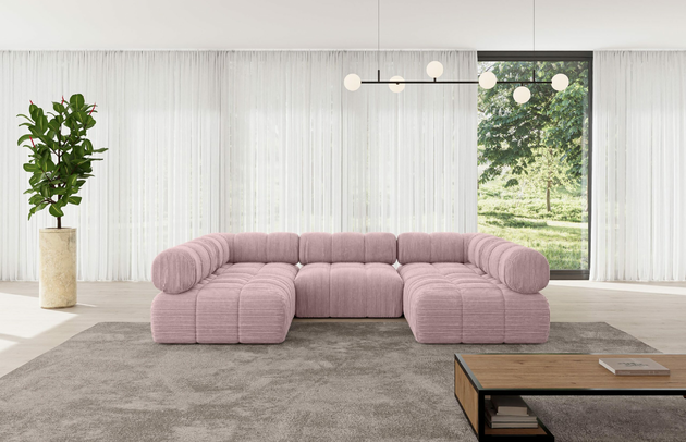 Bezug: Cord, Farbe: Rosa - Poso 145, Stellvariante: U-Form, Stoffbeschreibung: POSO ist ein angenehm anzufühlender Velours mit Kordstruktur (35000 MartindaleZyklen) und leicht zu reinigender Möbellstoff, lichtecht (5) und pillingarm (5), Gewicht 380 g/m2 ±5%, Materialzusammensetzung: 90% Polyseter, 10% Nylon, Pilling Resistenz: 5, Abriebfestigkeit: 5, Scheuerbeständigkeit: 30000 Martindale-Zyklen, Zimmer: Wohnzimmer, Tiefe: 190 cm, Breite: 285 cm, Höhe: 70 cm, Anzahl der Sitzflächen: 6, Sitzfüllung: Wellenfeder und T30-Schaum, Art der Rückenkissen: Rückenlehne - feste, Annzahl der Sitzkissen: 3, Breite der Ottomane: 95 cm, Tiefe der Ottomane: 190 cm, Tiefe der Sitzfläche: 65 cm, Sitzhöhe: 40 cm, Schlaffunktion: Ohne Schlaffunktion - 1