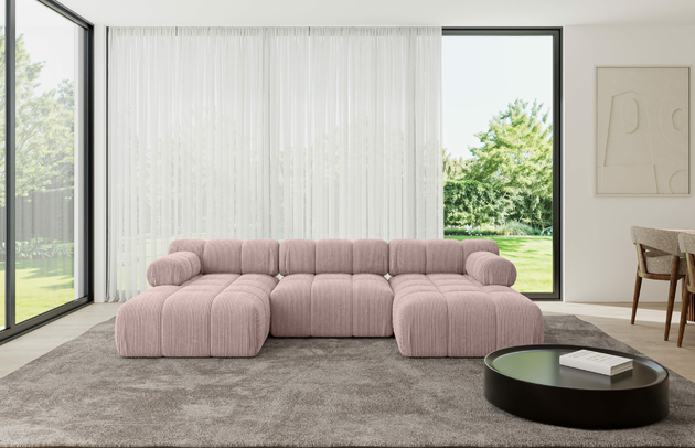 Bezug: Cord, Farbe: Rosa - Poso 145, Stellvariante: U-Form, Stoffbeschreibung: POSO ist ein angenehm anzufühlender Velours mit Kordstruktur (35000 MartindaleZyklen) und leicht zu reinigender Möbellstoff, lichtecht (5) und pillingarm (5), Gewicht 380 g/m2 ±5%, Materialzusammensetzung: 90% Polyseter, 10% Nylon, Pilling Resistenz: 5, Abriebfestigkeit: 5, Scheuerbeständigkeit: 30000 Martindale-Zyklen, Zimmer: Wohnzimmer, Tiefe: 160 cm, Breite: 285 cm, Höhe: 70 cm, Anzahl der Sitzflächen: 6, Sitzfüllung: Wellenfeder und T30-Schaum, Art der Rückenkissen: Rückenlehne - feste, Annzahl der Sitzkissen: 3, Breite der Ottomane: 95 cm, Tiefe der Ottomane: 160 cm, Tiefe der Sitzfläche: 65 cm, Sitzhöhe: 40 cm, Schlaffunktion: Ohne Schlaffunktion - 1