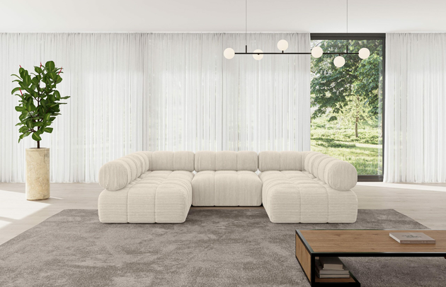 Bezug: Cord, Farbe: Beige - Poso 105, Stellvariante: U-Form, Stoffbeschreibung: POSO ist ein angenehm anzufühlender Velours mit Kordstruktur (35000 MartindaleZyklen) und leicht zu reinigender Möbellstoff, lichtecht (5) und pillingarm (5), Gewicht 380 g/m2 ±5%, Materialzusammensetzung: 90% Polyseter, 10% Nylon, Pilling Resistenz: 5, Abriebfestigkeit: 5, Scheuerbeständigkeit: 30000 Martindale-Zyklen, Zimmer: Wohnzimmer, Tiefe: 190 cm, Breite: 285 cm, Höhe: 70 cm, Anzahl der Sitzflächen: 6, Sitzfüllung: Wellenfeder und T30-Schaum, Art der Rückenkissen: Rückenlehne - feste, Annzahl der Sitzkissen: 3, Breite der Ottomane: 95 cm, Tiefe der Ottomane: 190 cm, Tiefe der Sitzfläche: 65 cm, Sitzhöhe: 40 cm, Schlaffunktion: Ohne Schlaffunktion - 1