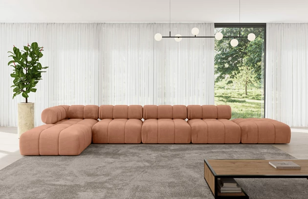 Bezug: Samt, Farbe: Apricot - Monolith 61, Stellvariante: Ottomane Links, Stoffbeschreibung: MONOLITH: Wasserabweisender und leicht zu reinigender Möbelstoff, scheuerfest (100.000 Martindale-Zyklen) lichtecht (5) und pillingarm (4-5), aus 100 % PES, Gewicht 330 g/m2 ±5 %, Materialzusammensetzung: 100% Polyseter, Pilling Resistenz: 4, Abriebfestigkeit: 5, Scheuerbeständigkeit: 100000 Martindale-Zyklen, Zimmer: Wohnzimmer, Tiefe: 190 cm, Breite: 475 cm, Höhe: 70 cm, Anzahl der Sitzflächen: 7, Sitzfüllung: Wellenfeder, Art der Rückenkissen: Rückenlehne - feste, Annzahl der Sitzkissen: 5, Breite der Ottomane: 95 cm, Tiefe der Ottomane: 190 cm, Tiefe der Sitzfläche: 65 cm, Sitzhöhe: 40 cm, Schlaffunktion: Ohne Schlaffunktion - 1