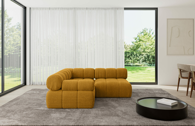 Bezug: Cord, Farbe: Senfgelb - Poso 42, Stellvariante: Ottomane Links, Stoffbeschreibung: POSO ist ein angenehm anzufühlender Velours mit Kordstruktur (35000 MartindaleZyklen) und leicht zu reinigender Möbellstoff, lichtecht (5) und pillingarm (5), Gewicht 380 g/m2 ±5%, Materialzusammensetzung: 90% Polyseter, 10% Nylon, Pilling Resistenz: 5, Abriebfestigkeit: 5, Scheuerbeständigkeit: 30000 Martindale-Zyklen, Zimmer: Wohnzimmer, Tiefe: 190 cm, Breite: 190 cm, Höhe: 70 cm, Anzahl der Sitzflächen: 4, Sitzfüllung: Wellenfeder, Art der Rückenkissen: Rückenlehne - feste, Annzahl der Sitzkissen: 2, Breite der Ottomane: 95 cm, Tiefe der Ottomane: 190 cm, Tiefe der Sitzfläche: 65 cm, Sitzhöhe: 40 cm, Schlaffunktion: Ohne Schlaffunktion - 1