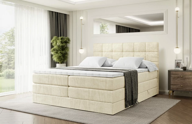 Material: Holz, Höhe: 110 cm, Stoffbeschreibung: Polsterstoff Monolith: Wasserabweisender und leicht zu reinigender Möbelstoff, scheuerfest (100.000 Martindale-Zyklen) lichtecht (5) und pillingarm (4-5), aus 100 % PES, Höhe des Kopfteils: 110 cm, Bezug: Samt, Farbe: Beige - Monolith 4, Zimmer: Schlafzimmer, Länge: 207 cm, Breite: 140 cm, Größe: 140x200 cm, Länge der Schlaffläche: 200 cm, Breite der Schlaffläche: 140 cm, Liegehöhe: 73 cm, Härtegrad der Matratze: H3 und H4, Höhe der Matratze: 38 cm, Matratze: Multipocketfederung und Bonellfederung, Farbe des Toppers: Weiß, Höhe des Toppers: 5 cm, Material des Toppers: Schaumstoff, Bettkasten: Ja, Anzahl der Bettkasten: 2, Höhe des Bettkastens: 30 cm, Material der Füße: Plastik, Höhe der Füße: 2 cm, Dicke des Kopfteils: 8 cm, Dicke des Fußteils: 7 cm, Gepolsterte Rückseite: Nein - 1