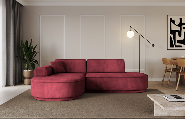 Bezug: Samt, Farbe: Bordeauxrot - Dream Velvet 202.11, Stellvariante: Ottomane Links, Stoffbeschreibung: Polsterstoff Dream Velvet: Wasserabweisender und leicht zu reinigender Möbelstoff, scheuerfest (30.000 Martindale-Zyklen) lichtecht (6) und pillingarm (4-5), aus 100 % PES, Gewicht 360 g/m2 ±5 %, Materialzusammensetzung: 100% Polyseter, Pilling Resistenz: 4-5, Abriebfestigkeit: 5, Scheuerbeständigkeit: 30000 Martindale-Zyklen, Ausstattung: Kissen, Zimmer: Wohnzimmer, Tiefe: 171 cm, Breite: 243 cm, Höhe: 83 cm, Anzahl der Sitzflächen: 3, Sitzfüllung: Wellenfeder + HR35 und T30-Schaum, Art der Rückenkissen: Rückenlehne - feste, Annzahl der Sitzkissen: 2, Anzahl der Zierkissen: 1, Breite der Armlehnen: 20 cm, Höhe der Armlehnen: 58 cm, Breite der Ottomane: 109 cm, Tiefe der Ottomane: 151 cm, Tiefe der Sitzfläche: 62 cm, Sitzhöhe: 47 cm, Schlaffunktion: Ohne Schlaffunktion, Länge der Schlaffläche: Nicht zutreffend, Breite der Schlaffläche: Nicht zutreffend, Liegehöhe: Nicht zutreffend - 1