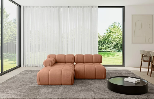 Bezug: Samt, Farbe: Apricot - Monolith 61, Stellvariante: Ottomane Links, Stoffbeschreibung: MONOLITH: Wasserabweisender und leicht zu reinigender Möbelstoff, scheuerfest (100.000 Martindale-Zyklen) lichtecht (5) und pillingarm (4-5), aus 100 % PES, Gewicht 330 g/m2 ±5 %, Materialzusammensetzung: 100% Polyseter, Pilling Resistenz: 4, Abriebfestigkeit: 5, Scheuerbeständigkeit: 100000 Martindale-Zyklen, Zimmer: Wohnzimmer, Tiefe: 160 cm, Breite: 190 cm, Höhe: 70 cm, Anzahl der Sitzflächen: 4, Sitzfüllung: Wellenfeder und T30-Schaum, Art der Rückenkissen: Rückenlehne - feste, Annzahl der Sitzkissen: 2, Breite der Ottomane: 95 cm, Tiefe der Ottomane: 160 cm, Tiefe der Sitzfläche: 65 cm, Sitzhöhe: 40 cm, Schlaffunktion: Ohne Schlaffunktion - 1