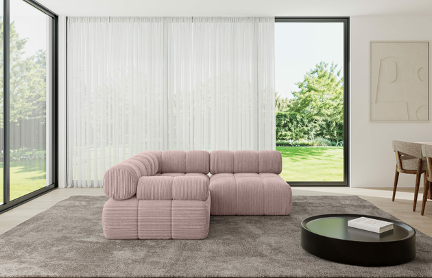 Bezug: Cord, Farbe: Rosa - Poso 145, Stellvariante: Ottomane Links, Stoffbeschreibung: POSO ist ein angenehm anzufühlender Velours mit Kordstruktur (35000 MartindaleZyklen) und leicht zu reinigender Möbellstoff, lichtecht (5) und pillingarm (5), Gewicht 380 g/m2 ±5%, Materialzusammensetzung: 90% Polyseter, 10% Nylon, Pilling Resistenz: 5, Abriebfestigkeit: 5, Scheuerbeständigkeit: 30000 Martindale-Zyklen, Zimmer: Wohnzimmer, Tiefe: 190 cm, Breite: 190 cm, Höhe: 70 cm, Anzahl der Sitzflächen: 4, Sitzfüllung: Wellenfeder, Art der Rückenkissen: Rückenlehne - feste, Annzahl der Sitzkissen: 2, Breite der Ottomane: 95 cm, Tiefe der Ottomane: 190 cm, Tiefe der Sitzfläche: 65 cm, Sitzhöhe: 40 cm, Schlaffunktion: Ohne Schlaffunktion - 1