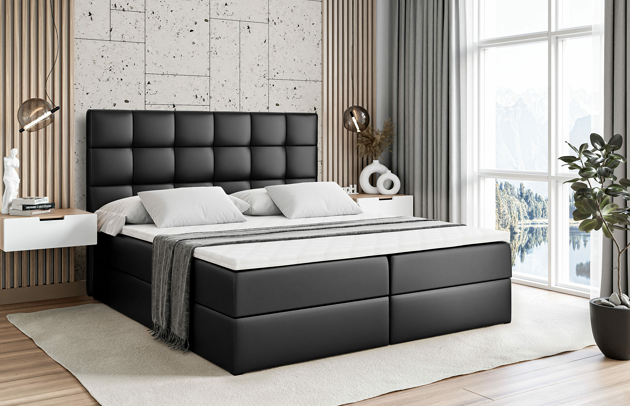 Bezug: Kunstleder, Farbe: Schwarz - Soft 11, Stoffbeschreibung: Polsterstoff Soft: Leicht zu reinigendes Lederimitat, scheuerfest (100.000 Martindale-Zyklen), lichtecht (6), reibecht (4-5), 100 % PU (Oberseite) + 75 % PES mit 25 % CO (Unterseite), Zimmer: Schlafzimmer, Länge: 207 cm, Breite: 140 cm, Höhe: 110 cm, Größe: 140x200 cm, Länge der Schlaffläche: 200 cm, Breite der Schlaffläche: 140 cm, Liegehöhe: 55 cm, Härtegrad der Matratze: H3, Höhe der Matratze: 20 cm, Matratze: Bonellfederung, Farbe des Toppers: Weiß, Höhe des Toppers: 5 cm, Material des Toppers: Schaumstoff, Bettkasten: Ja, Anzahl der Bettkasten: 2, Höhe der Bettkasten: 30 cm, Höhe des Kopfteils: 110 cm, Material der Füße: Kunststoff, Höhe der Füße: 2 cm, Dicke des Kopfteils: 8 cm, Gepolsterte Rückseite: Nein - 1