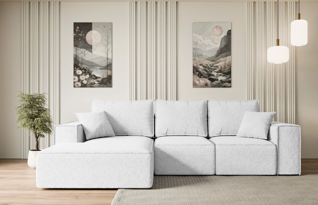 Bezug: Bouclé, Farbe: Weiß - Quelle 01, Stellvariante: Ottomane Links, Stoffbeschreibung: polsterstoff-quelle-hochwertiger-boucle-stoff-strapazierfahig-atmungsaktiv-und-pflegeleicht-80-000-martindale-zyklen-100-pes-pillingarm4-5-gewicht-315-g-m2-±5, Materialzusammensetzung: 100% Polyseter, Pilling Resistenz: 5, Abriebfestigkeit: 5, Scheuerbeständigkeit: 80000 Martindale-Zyklen, Ausstattung: Kissen, Zimmer: Wohnzimmer, Tiefe: 161 cm, Breite: 266 cm, Höhe: 87 cm, Schlaffunktion: Mit Schlaffunktion, Länge der Schlaffläche: 215 cm, Breite der Schlaffläche: 120 cm, Liegehöhe: 41 cm, Anzahl der Sitzflächen: 3, Sitzfüllung: Wellenfeder + HR35 und T30-Schaum, Anzahl der Rückenkissen: 3, Art der Rückenkissen: Rückenkissen, Annzahl der Sitzkissen: 3, Anzahl der Zierkissen: 2, Tiefe der Armlehnen: 85 cm, Breite der Armlehnen: 25 cm, Höhe der Armlehnen: 57 cm, Breite der Ottomane: 109 cm, Tiefe der Ottomane: 144 cm, Tiefe der Sitzfläche: 46 cm, Sitzhöhe: 41 cm, Art des Stauraumes: Innenfach geschlossen - 1