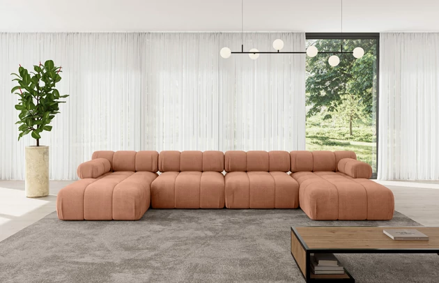 Bezug: Samt, Farbe: Apricot - Monolith 61, Stellvariante: U-Form, Stoffbeschreibung: MONOLITH: Wasserabweisender und leicht zu reinigender Möbelstoff, scheuerfest (100.000 Martindale-Zyklen) lichtecht (5) und pillingarm (4-5), aus 100 % PES, Gewicht 330 g/m2 ±5 %, Materialzusammensetzung: 100% Polyseter, Pilling Resistenz: 4, Abriebfestigkeit: 5, Scheuerbeständigkeit: 100000 Martindale-Zyklen, Zimmer: Wohnzimmer, Tiefe: 160 cm, Breite: 380 cm, Höhe: 70 cm, Anzahl der Sitzflächen: 7, Sitzfüllung: Wellenfeder und T30-Schaum, Art der Rückenkissen: Rückenlehne - feste, Annzahl der Sitzkissen: 4, Breite der Ottomane: 95 cm, Tiefe der Ottomane: 160 cm, Tiefe der Sitzfläche: 65 cm, Sitzhöhe: 40 cm, Schlaffunktion: Ohne Schlaffunktion - 1